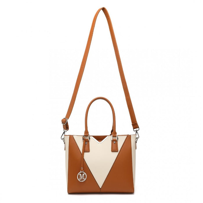LG1641 - Miss Lulu Leather Look V-Shape Shoulder Handbag - Brown And Beige
