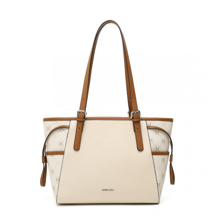 LG2322 - Miss Lulu Elegant Tote Bag With Monogram Pattern - Beige And Brown