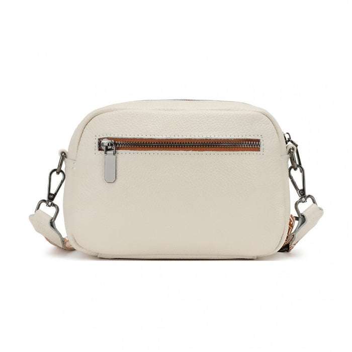 LH2418 - Miss Lulu Elegant Genuine Leather Crossbody Shoulder Bag with Jacquard Woven Strap - Beige And Brown