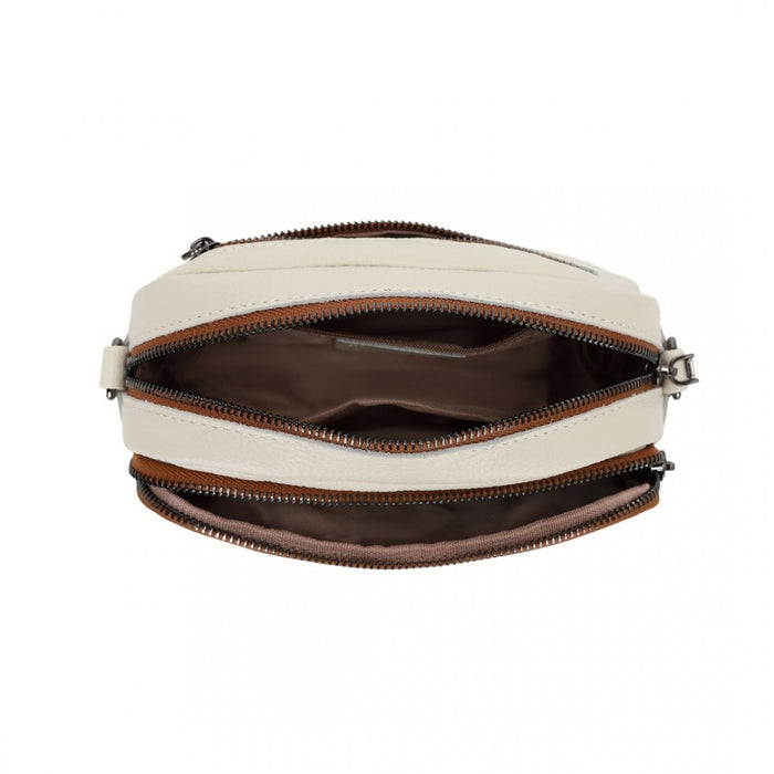 LH2418 - Miss Lulu Elegant Genuine Leather Crossbody Shoulder Bag with Jacquard Woven Strap - Beige And Brown
