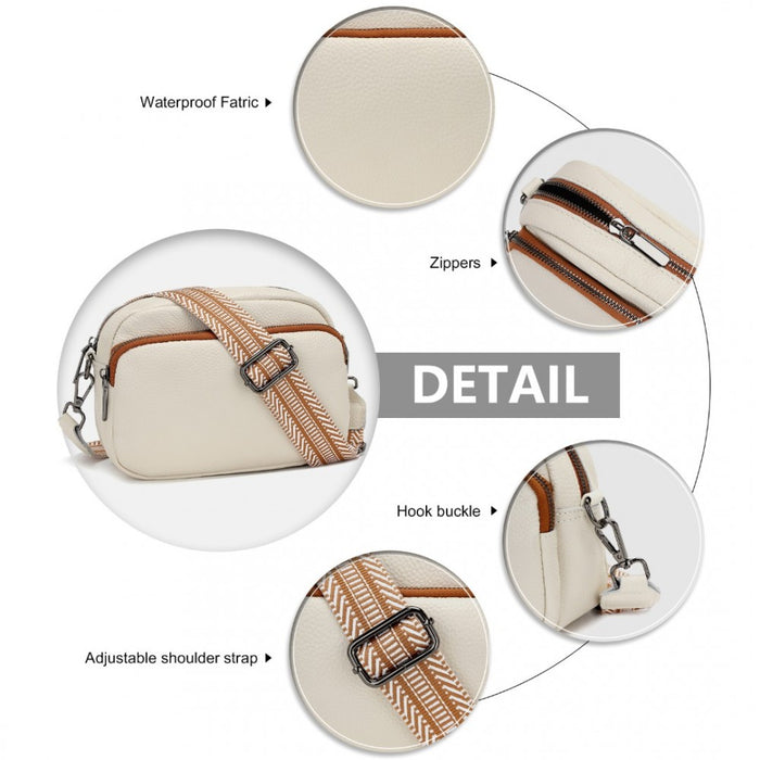 LH2418 - Miss Lulu Elegant Genuine Leather Crossbody Shoulder Bag with Jacquard Woven Strap - Beige And Brown