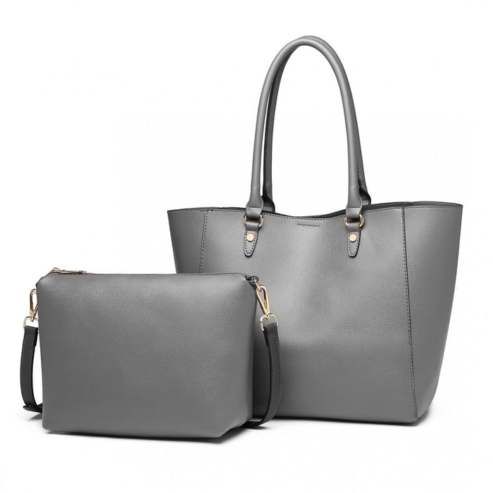 LH6895 - Miss Lulu Textured Leather Look 2 Piece Tote and Shoulder Bag Set - Grey