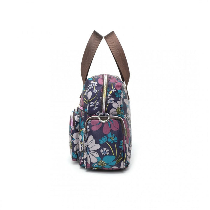 MSK2434F - Kono Versatile Multi-Pocket Travel Bag With Adjustable Detachable Strap And Flower Print - Navy