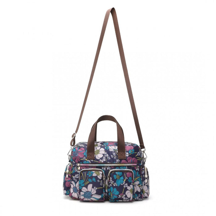 MSK2434F - Kono Versatile Multi-Pocket Travel Bag With Adjustable Detachable Strap And Flower Print - Navy
