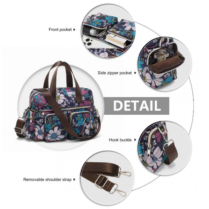 MSK2434F - Kono Versatile Multi-Pocket Travel Bag With Adjustable Detachable Strap And Flower Print - Navy
