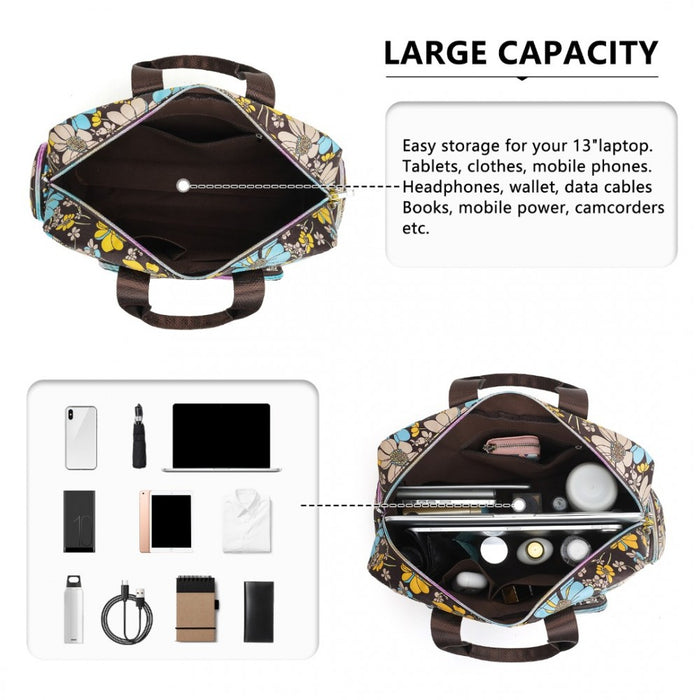 MSK2436F - Kono Large Capacity Travel Bag with Multiple Zippered Pockets And Flower Print Perfect For Daily Use - Brown