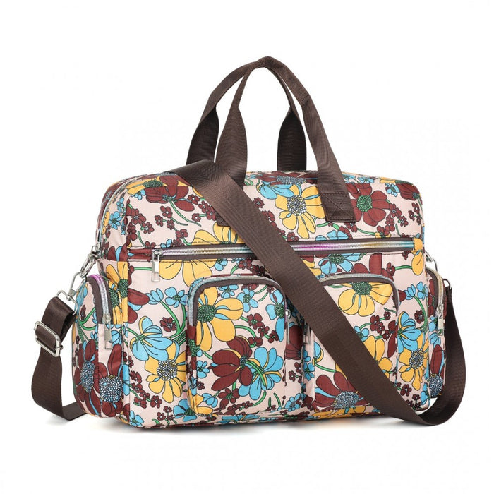 MSK2436F - Kono Large Capacity Travel Bag with Multiple Zippered Pockets And Flower Print Perfect For Daily Use - Khaki