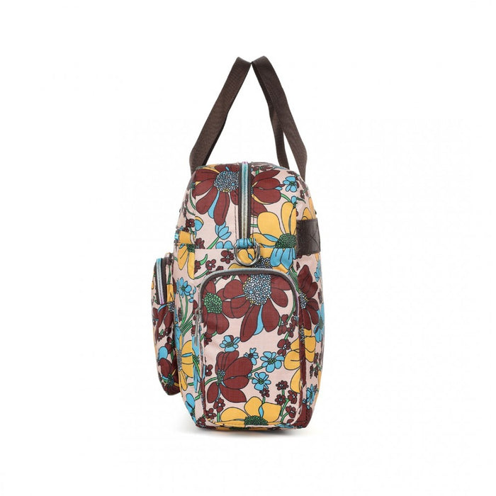MSK2436F - Kono Large Capacity Travel Bag with Multiple Zippered Pockets And Flower Print Perfect For Daily Use - Khaki