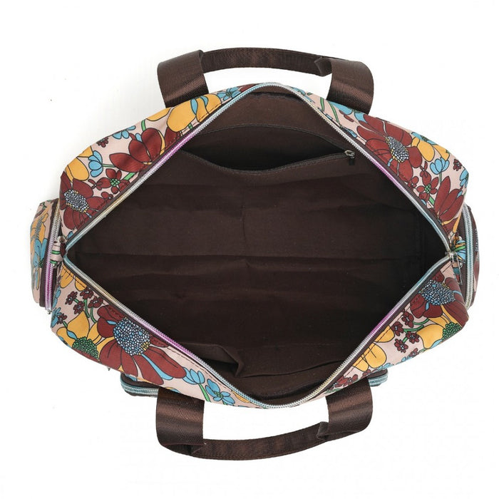 MSK2436F - Kono Large Capacity Travel Bag with Multiple Zippered Pockets And Flower Print Perfect For Daily Use - Khaki