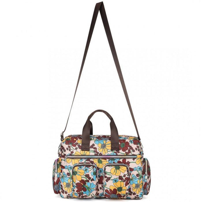 MSK2436F - Kono Large Capacity Travel Bag with Multiple Zippered Pockets And Flower Print Perfect For Daily Use - Khaki