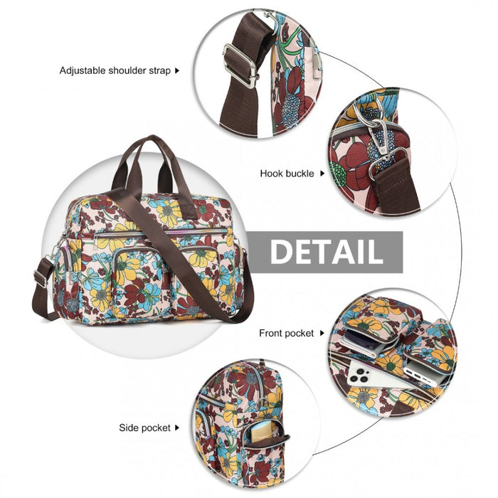 MSK2436F - Kono Large Capacity Travel Bag with Multiple Zippered Pockets And Flower Print Perfect For Daily Use - Khaki