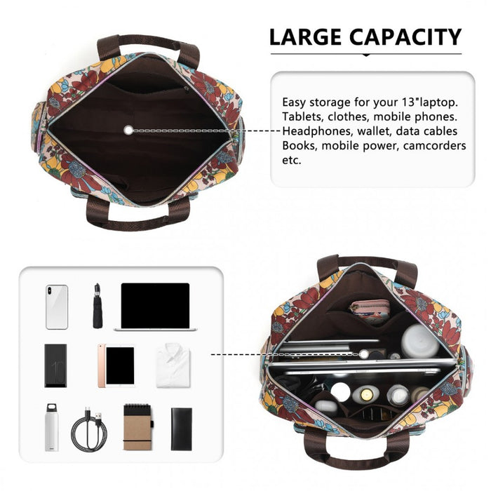 MSK2436F - Kono Large Capacity Travel Bag with Multiple Zippered Pockets And Flower Print Perfect For Daily Use - Khaki