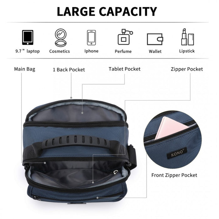 MSK2446 - Kono Durable Men's Crossbody Shoulder Bag with Multiple Pockets - Messenger Bag for Travel, Work, and Daily Use - Navy