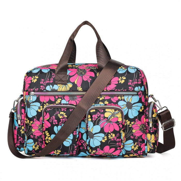 MSK2436 - Kono Large Capacity Travel Bag with Multiple Zippered Pockets And Flower Print Perfect For Daily Use - Black