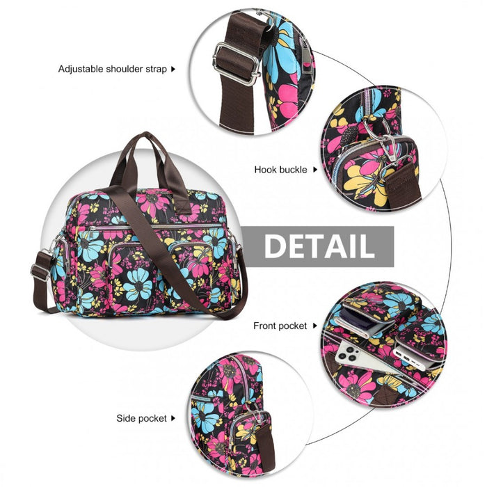 MSK2436 - Kono Large Capacity Travel Bag with Multiple Zippered Pockets And Flower Print Perfect For Daily Use - Black