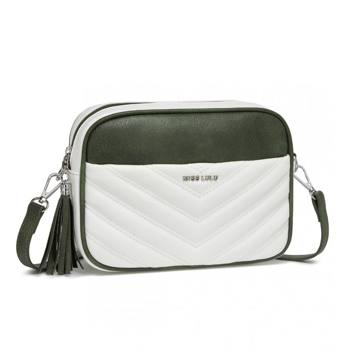 MSM2460 - Miss Lulu Minimalist V-Stitch PU Leather Crossbody Bag with Tassel Zip - White And Green