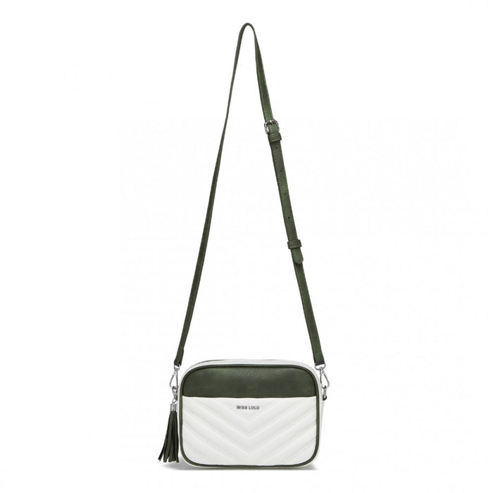 MSM2460 - Miss Lulu Minimalist V-Stitch PU Leather Crossbody Bag with Tassel Zip - White And Green