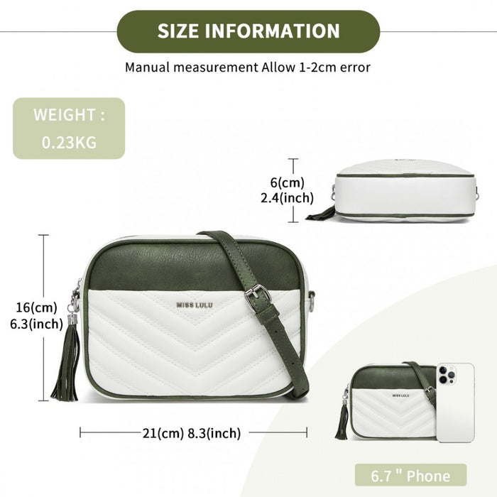 MSM2460 - Miss Lulu Minimalist V-Stitch PU Leather Crossbody Bag with Tassel Zip - White And Green