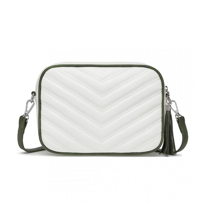 MSM2460 - Miss Lulu Minimalist V-Stitch PU Leather Crossbody Bag with Tassel Zip - White And Green