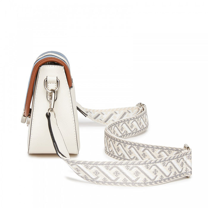 MSM2506 - Miss Lulu Women’s PU Leather Ethnic Style Crossbody Bag with Corduroy Flap and Adjustable Strap - Blue and Beige