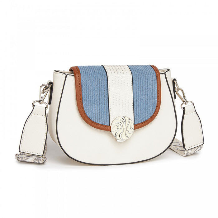 MSM2506 - Miss Lulu Women’s PU Leather Ethnic Style Crossbody Bag with Corduroy Flap and Adjustable Strap - Blue and Beige