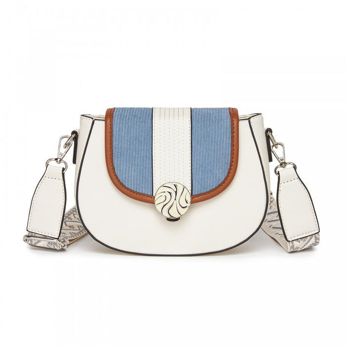 MSM2506 - Miss Lulu Women’s PU Leather Ethnic Style Crossbody Bag with Corduroy Flap and Adjustable Strap - Blue and Beige
