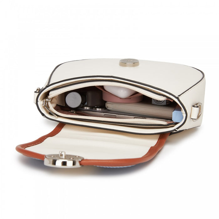 MSM2506 - Miss Lulu Women’s PU Leather Ethnic Style Crossbody Bag with Corduroy Flap and Adjustable Strap - Blue and Beige