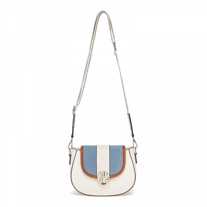 MSM2506 - Miss Lulu Women’s PU Leather Ethnic Style Crossbody Bag with Corduroy Flap and Adjustable Strap - Blue and Beige
