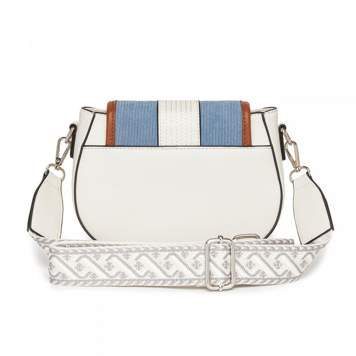 MSM2506 - Miss Lulu Women’s PU Leather Ethnic Style Crossbody Bag with Corduroy Flap and Adjustable Strap - Blue and Beige