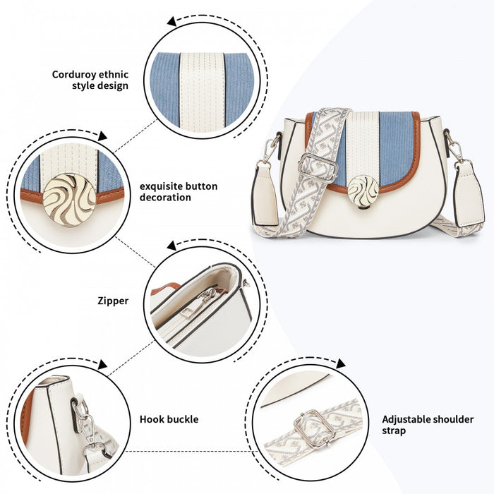 MSM2506 - Miss Lulu Women’s PU Leather Ethnic Style Crossbody Bag with Corduroy Flap and Adjustable Strap - Blue and Beige