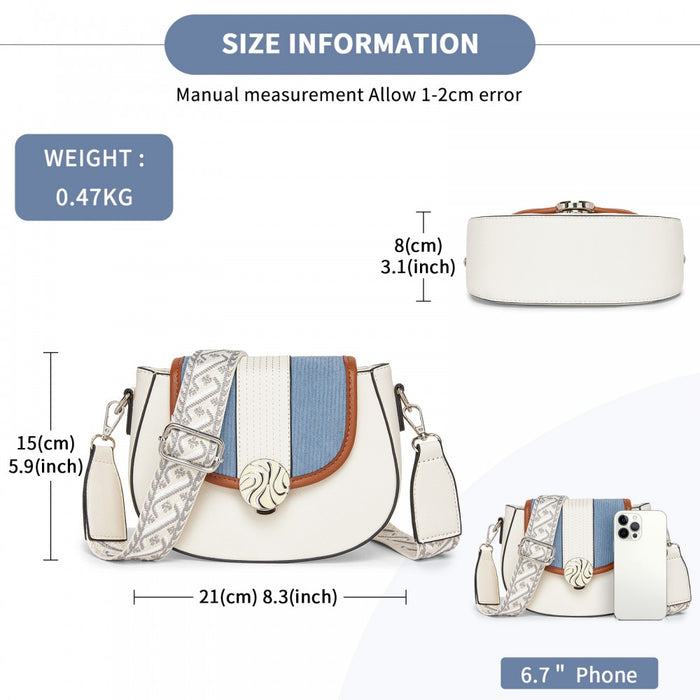 MSM2506 - Miss Lulu Women’s PU Leather Ethnic Style Crossbody Bag with Corduroy Flap and Adjustable Strap - Blue and Beige