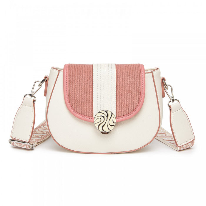 MSM2506 - Miss Lulu Women’s PU Leather Ethnic Style Crossbody Bag with Corduroy Flap and Adjustable Strap - Pink and Beige