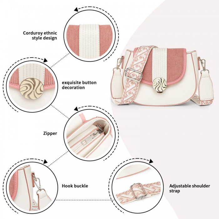 MSM2506 - Miss Lulu Women’s PU Leather Ethnic Style Crossbody Bag with Corduroy Flap and Adjustable Strap - Pink and Beige