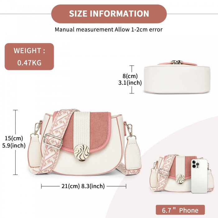 MSM2506 - Miss Lulu Women’s PU Leather Ethnic Style Crossbody Bag with Corduroy Flap and Adjustable Strap - Pink and Beige