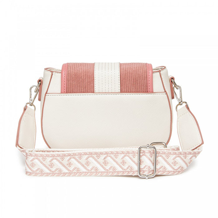 MSM2506 - Miss Lulu Women’s PU Leather Ethnic Style Crossbody Bag with Corduroy Flap and Adjustable Strap - Pink and Beige