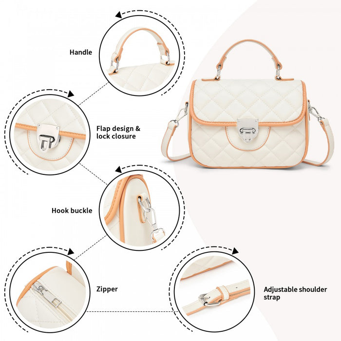 MSM2507 - Miss Lulu Practical Quilted PU Leather Crossbody Handbag with Secure Lock and Everyday Storage - Beige