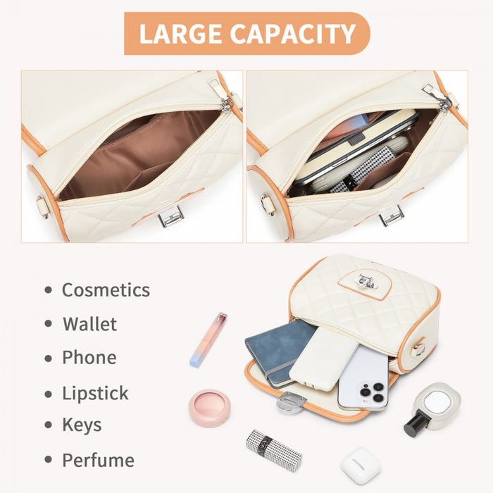 MSM2507 - Miss Lulu Practical Quilted PU Leather Crossbody Handbag with Secure Lock and Everyday Storage - Beige