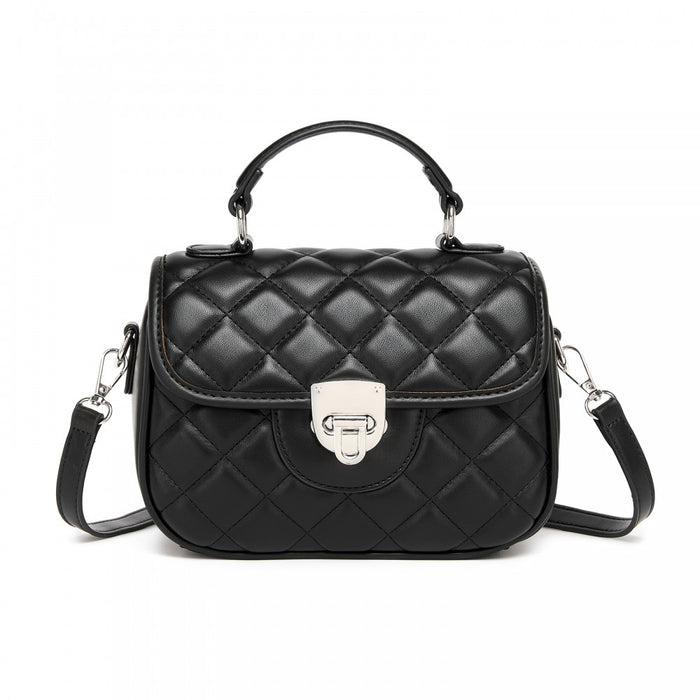 MSM2507 - Miss Lulu Practical Quilted PU Leather Crossbody Handbag with Secure Lock and Everyday Storage - Black