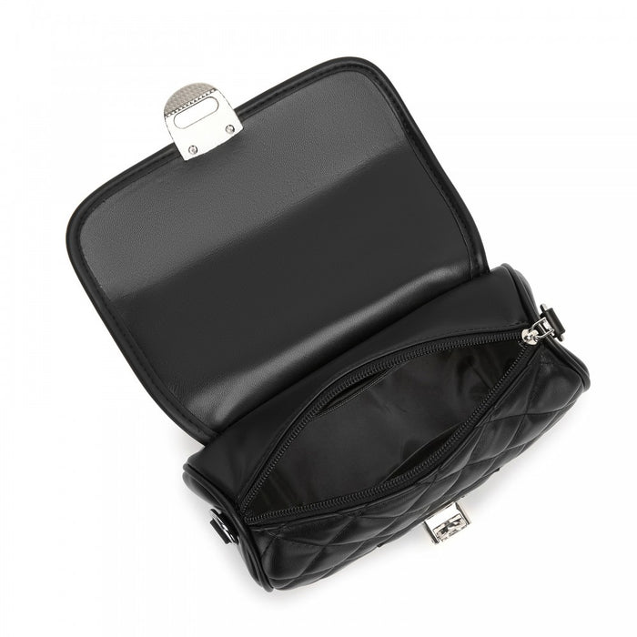 MSM2507 - Miss Lulu Practical Quilted PU Leather Crossbody Handbag with Secure Lock and Everyday Storage - Black