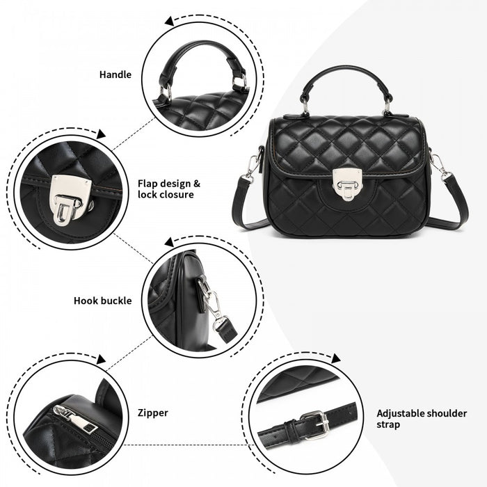 MSM2507 - Miss Lulu Practical Quilted PU Leather Crossbody Handbag with Secure Lock and Everyday Storage - Black
