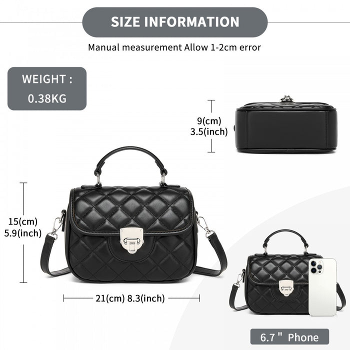 MSM2507 - Miss Lulu Practical Quilted PU Leather Crossbody Handbag with Secure Lock and Everyday Storage - Black