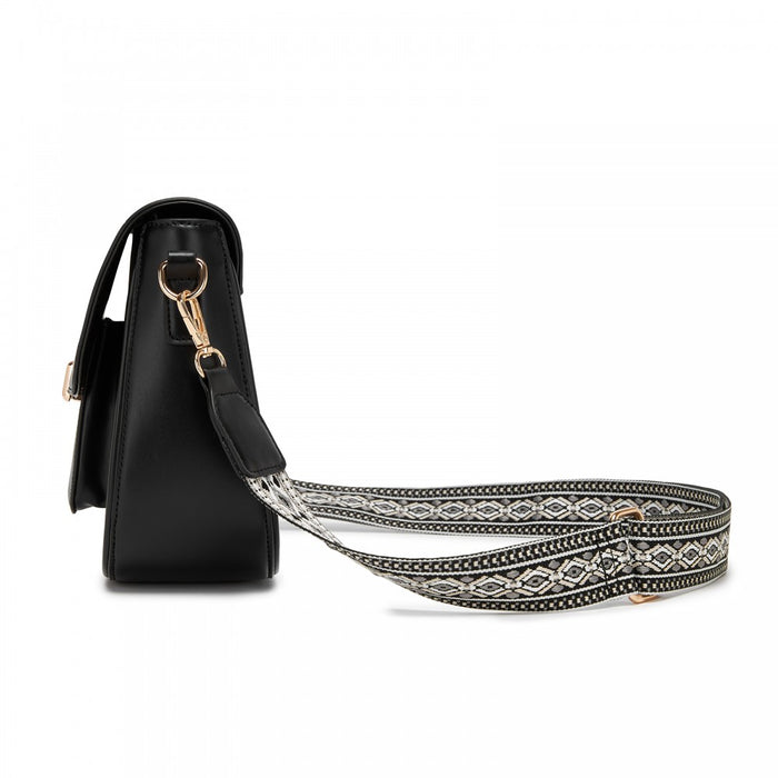MSM2513 - Miss Lulu Chic Fashion PU Crossbody Shoulder Bag with Detachable Woven Strap for Women - Black