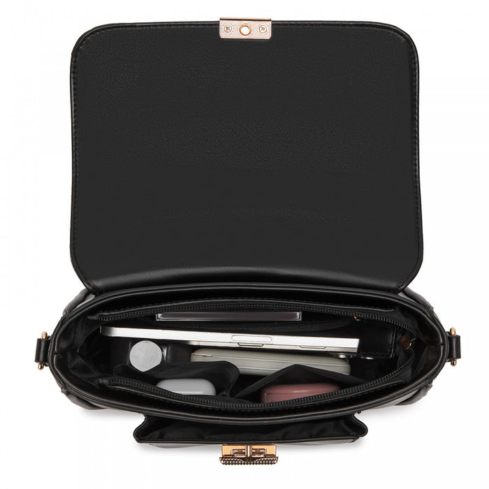 MSM2513 - Miss Lulu Chic Fashion PU Crossbody Shoulder Bag with Detachable Woven Strap for Women - Black