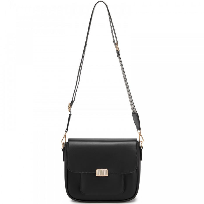 MSM2513 - Miss Lulu Chic Fashion PU Crossbody Shoulder Bag with Detachable Woven Strap for Women - Black