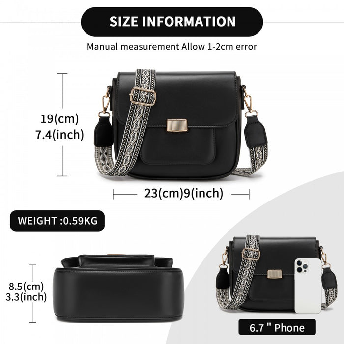 MSM2513 - Miss Lulu Chic Fashion PU Crossbody Shoulder Bag with Detachable Woven Strap for Women - Black