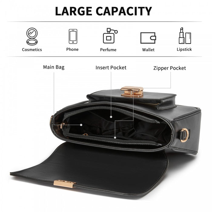 MSM2513 - Miss Lulu Chic Fashion PU Crossbody Shoulder Bag with Detachable Woven Strap for Women - Black