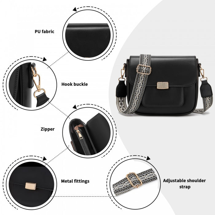 MSM2513 - Miss Lulu Chic Fashion PU Crossbody Shoulder Bag with Detachable Woven Strap for Women - Black