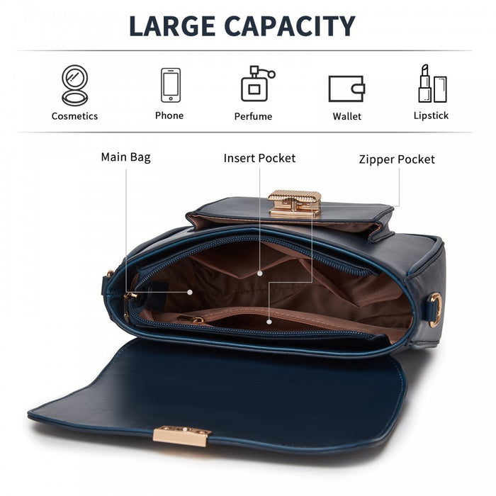 MSM2513 - Miss Lulu Chic Fashion PU Crossbody Shoulder Bag with Detachable Woven Strap for Women - Navy