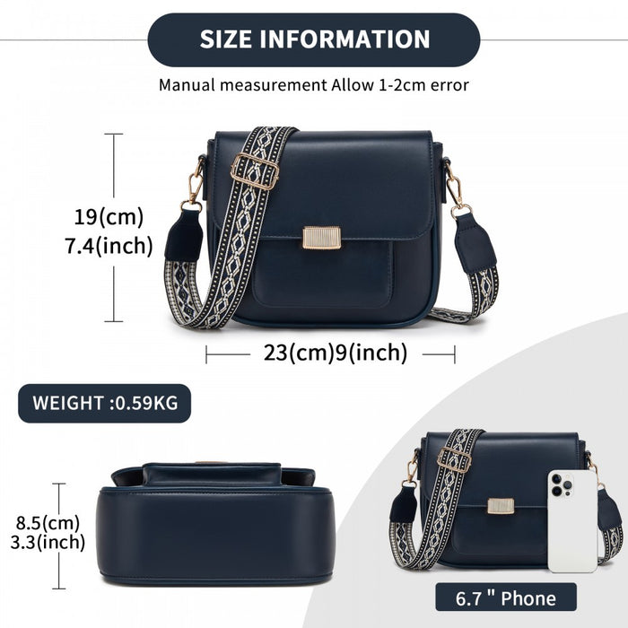 MSM2513 - Miss Lulu Chic Fashion PU Crossbody Shoulder Bag with Detachable Woven Strap for Women - Navy