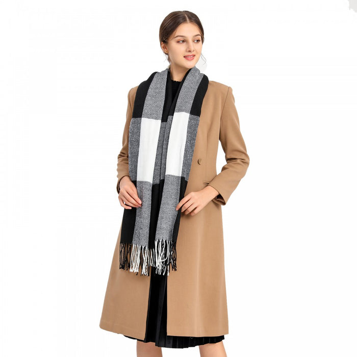 S6430 - Women Fashion Long Shawl Grid Tassel Winter Warm Lattice Large Scarf - Black